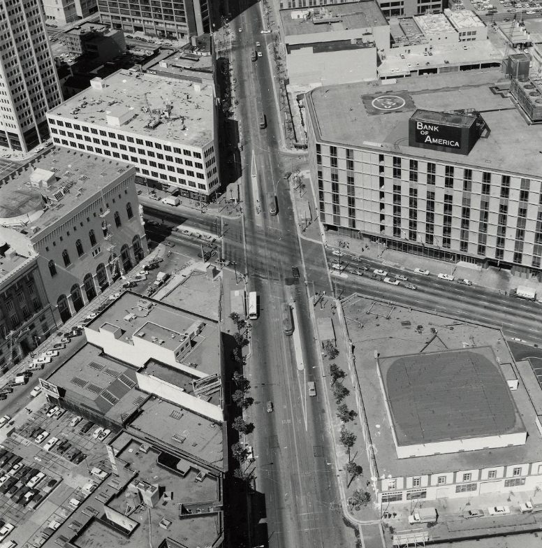 Aerial view of Van Ness Avenue at Market Street, 1975.