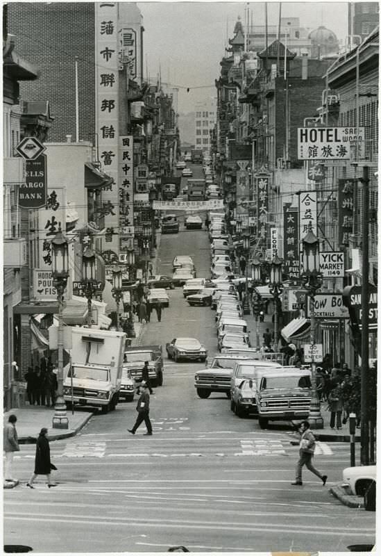 View of Grant Avenue in Chinatown from Vallejo Street, 1972.