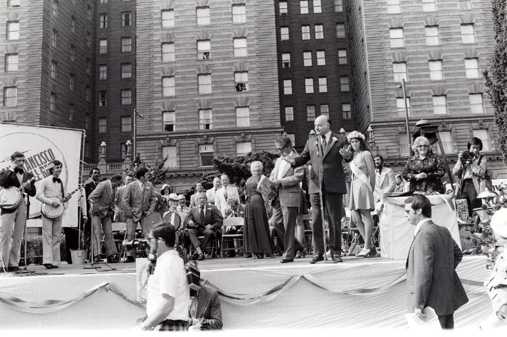 Mayor Alioto at a downtown wine festival in Union Square, 1974.