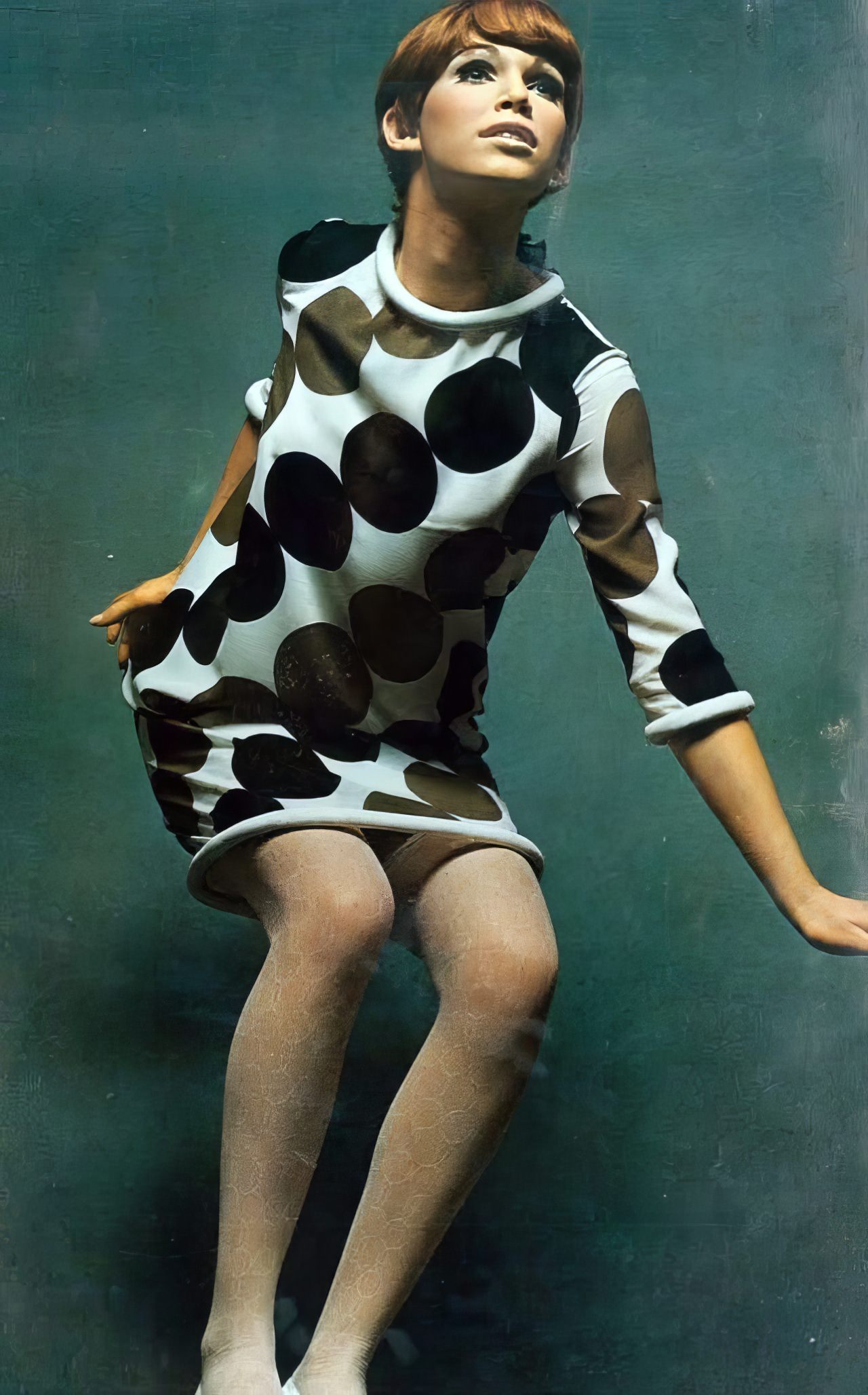 Ann Turkel in a crèpe-georgette mini-dress by Pierre Cardin, 1967.