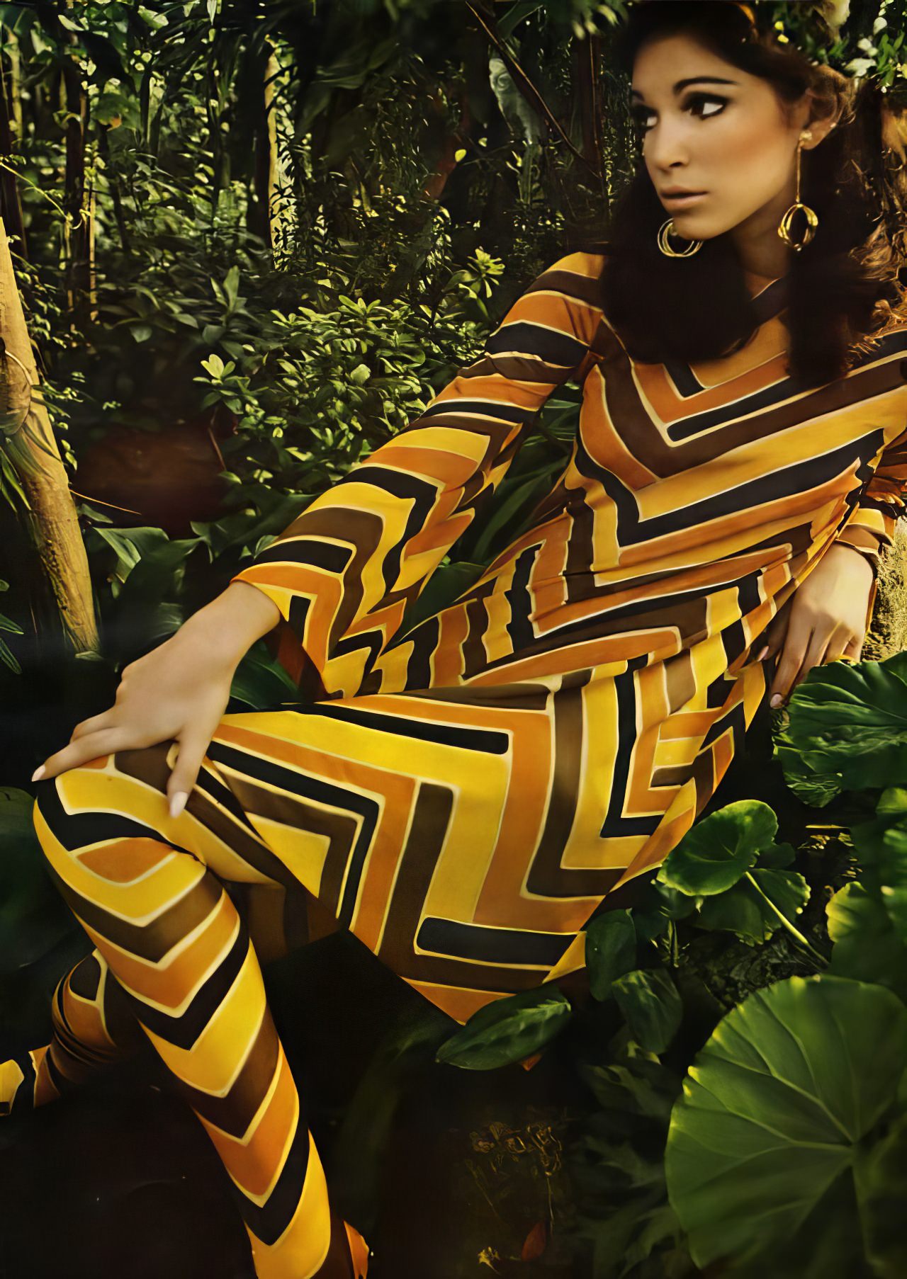 Ann Turkel in a tiger color combination dress by Oscar de la Renta Boutique, 1967.