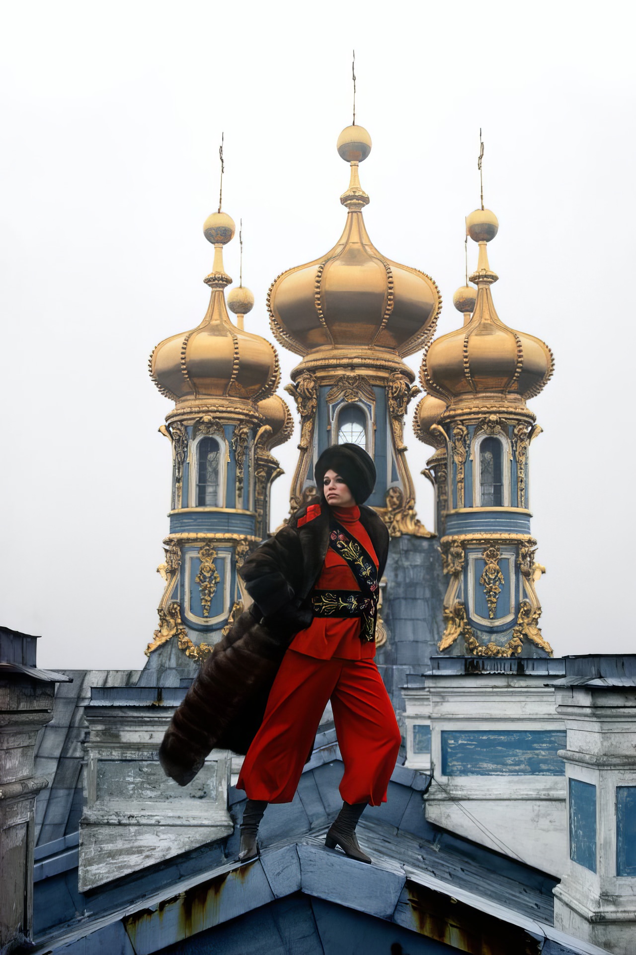Ann Turkel on the domes of the Catherine Palace in Pushkin, 1967.