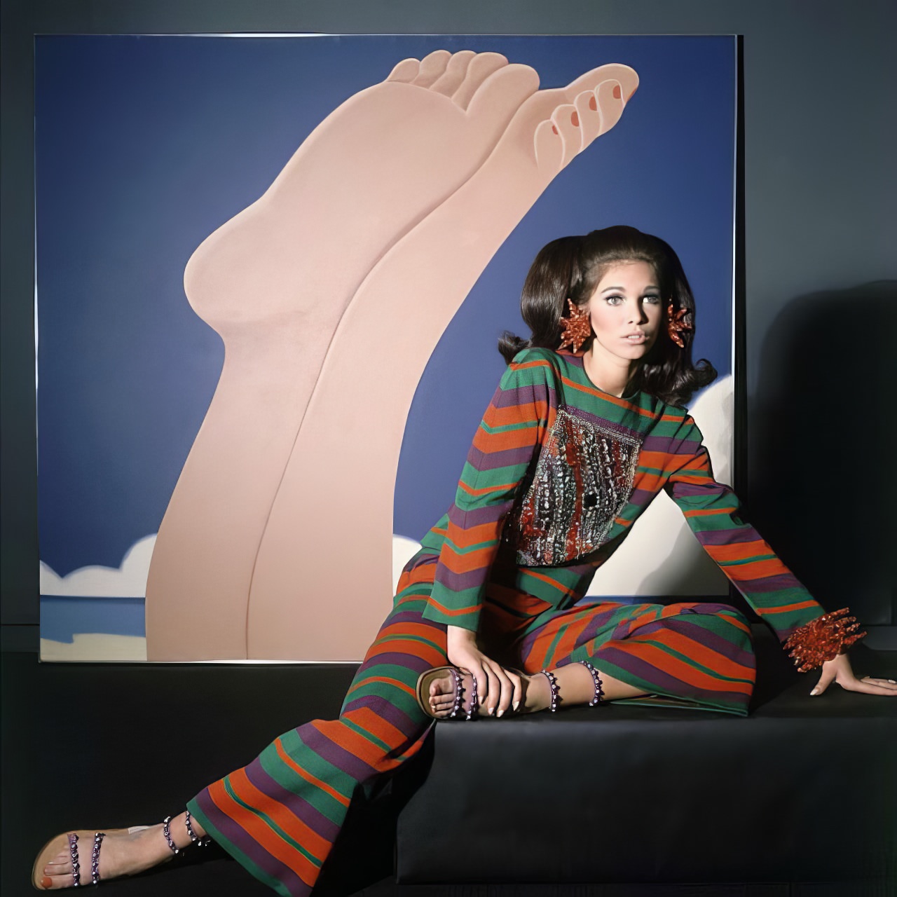 Ann Turkel wore Roman-striped evening pajamas by Galanos and sandals by Dal Co, 1966.