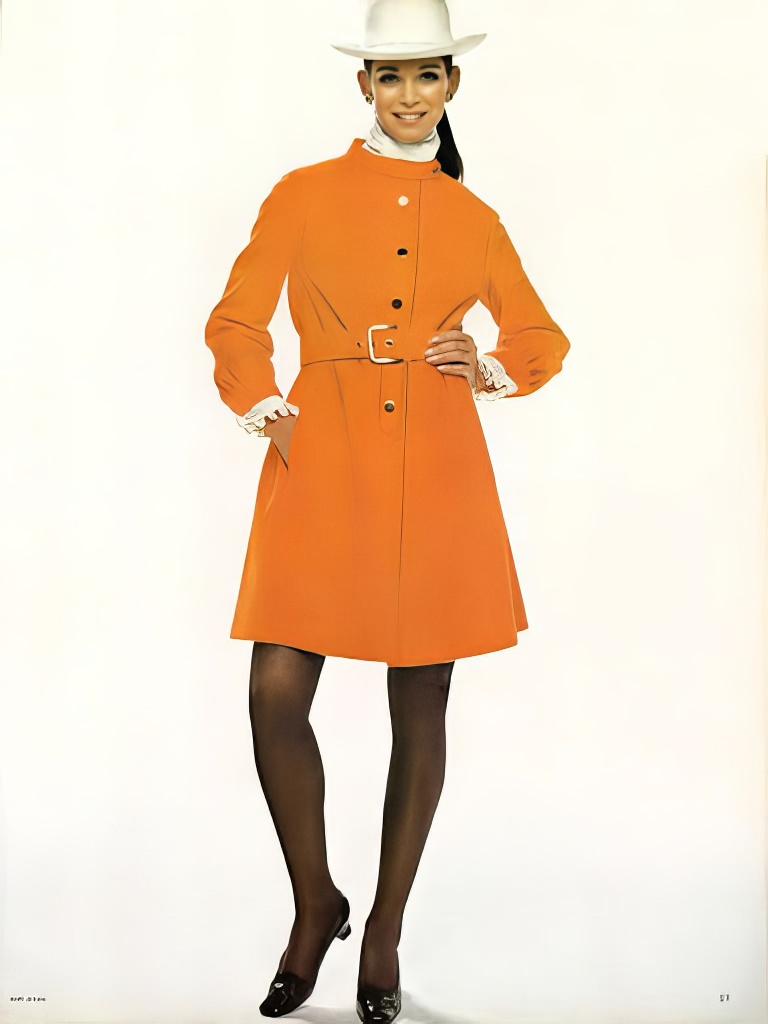 Ann Turkel in a geranium-red wool coat by Bardley, 1968.