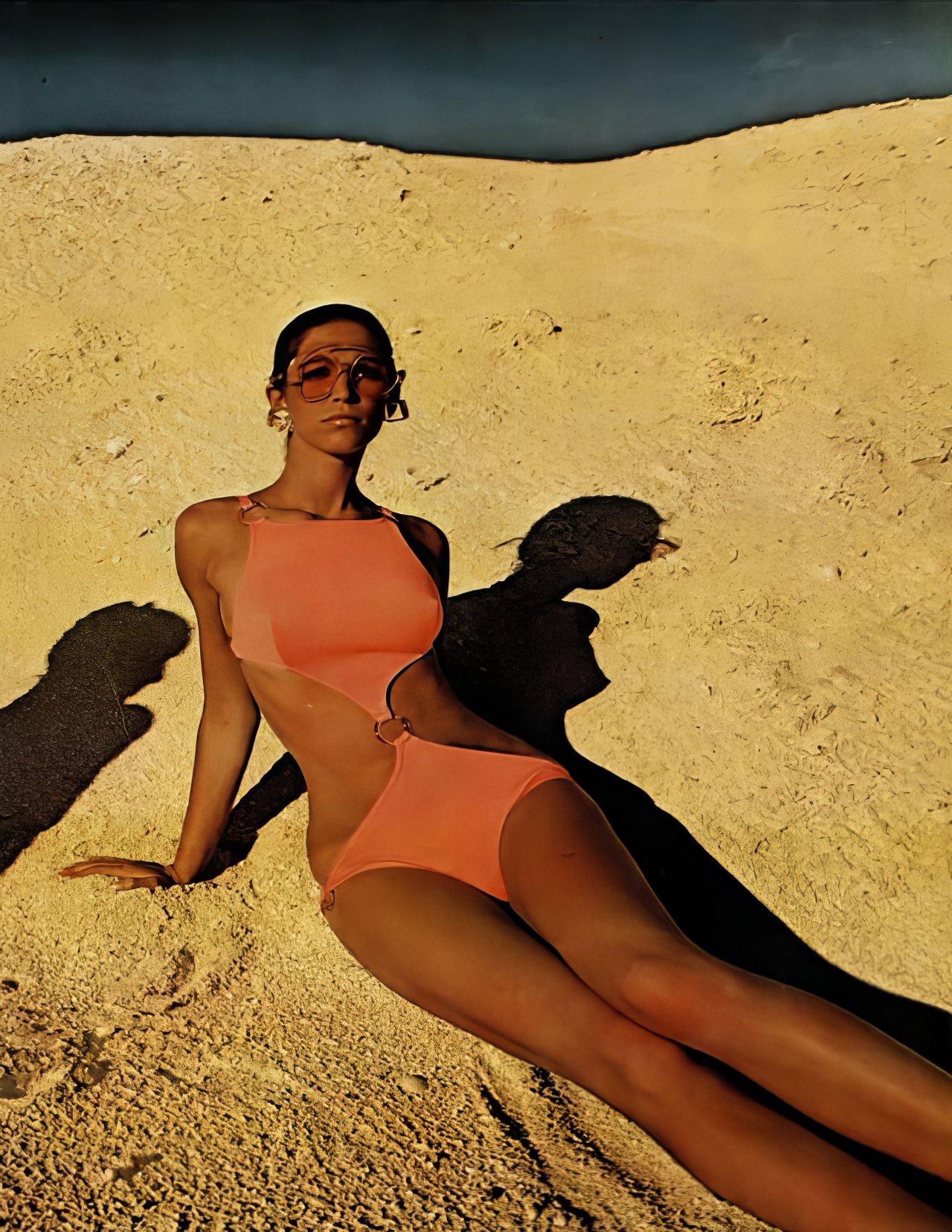 Ann Turkel in a coral bodysuit by De Weese, 1968.