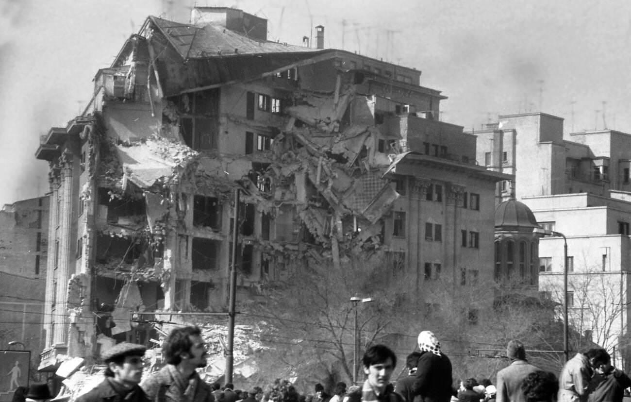 Apartment building damaged by the deadly earthquake in Bucharest, Romania, March 1977.