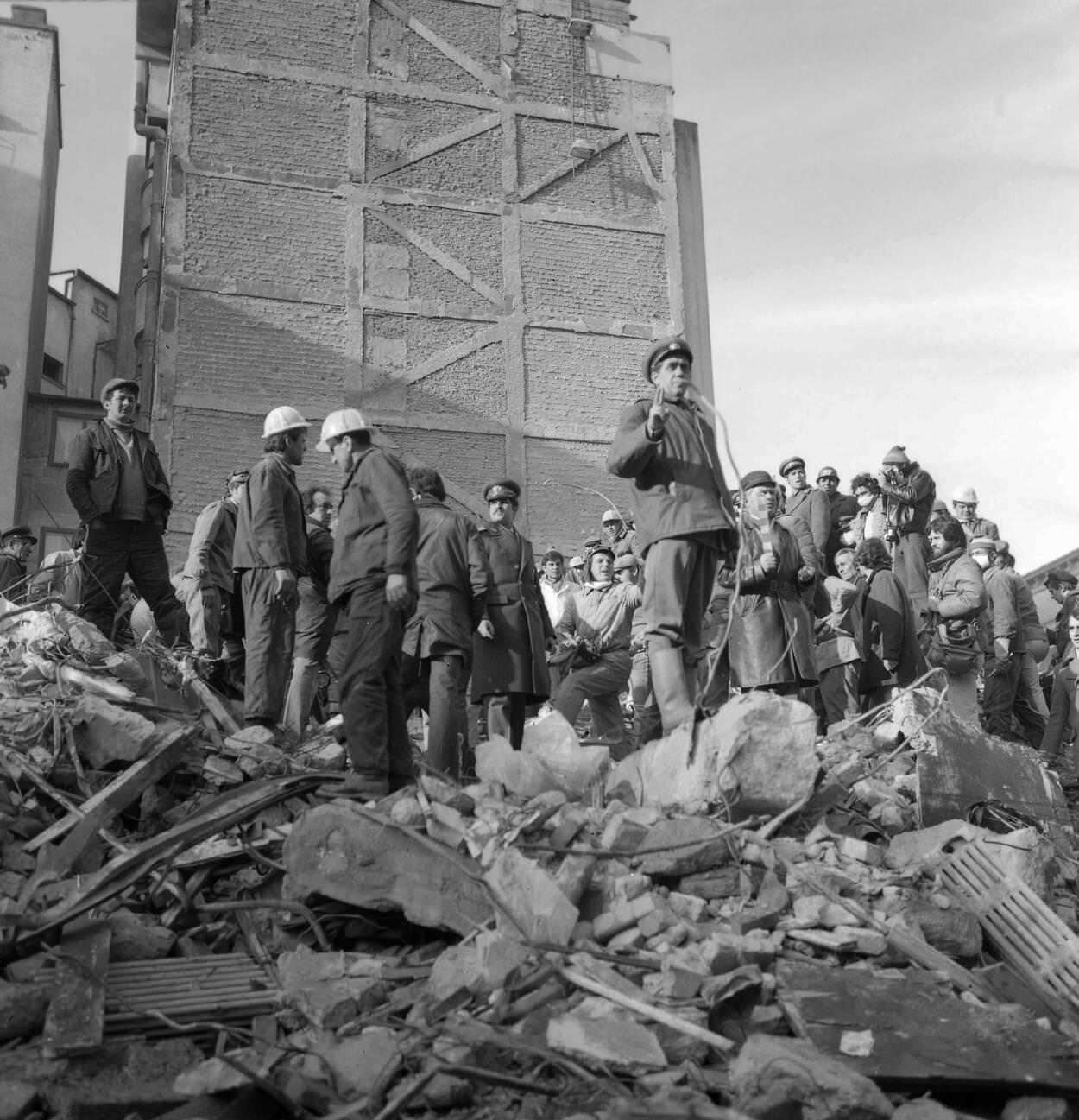 Rescuers after the deadly earthquake in Bucharest, Romania, March 1977.