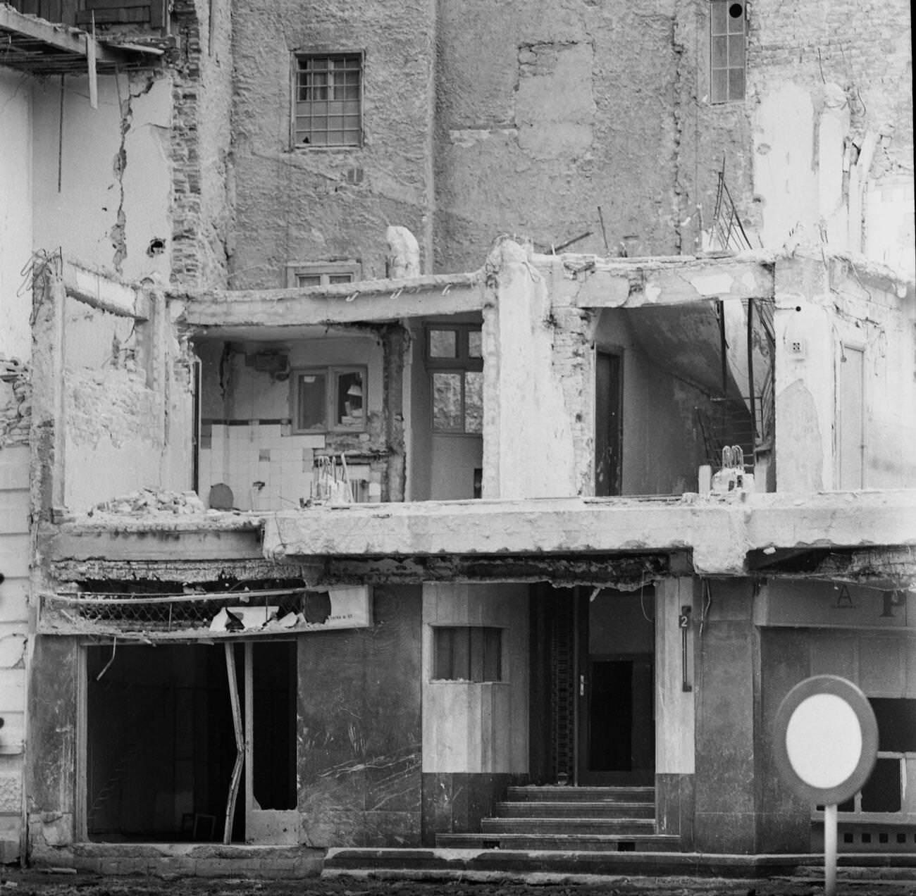 Apartment building damaged by the deadly earthquake in Bucharest, Romania, March 1977.