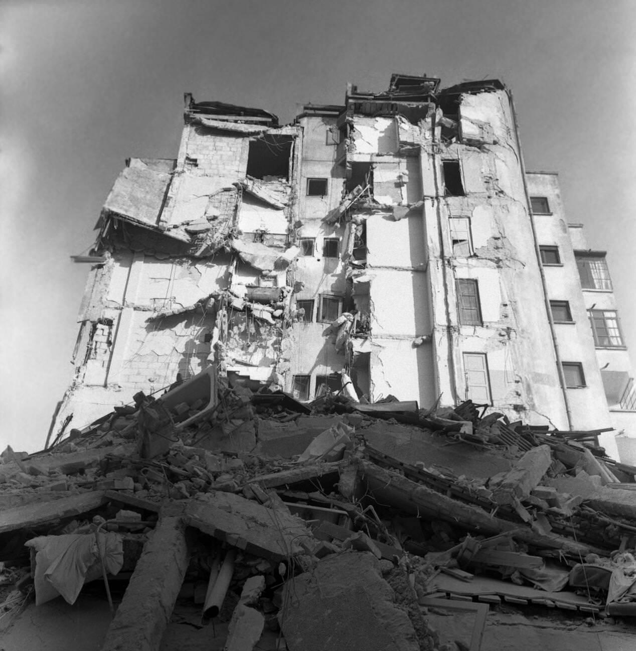 Apartment building damaged by the deadly earthquake in Bucharest, Romania, March 1977.