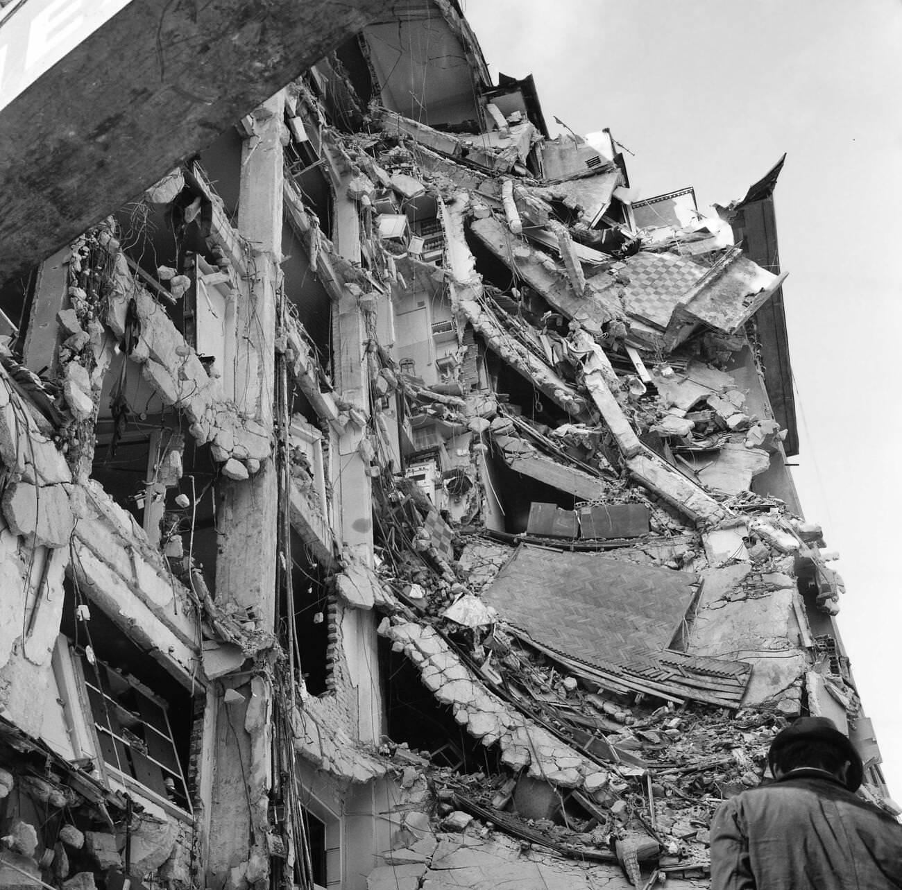 Apartment building damaged by the deadly earthquake in Bucharest, Romania, March 1977.