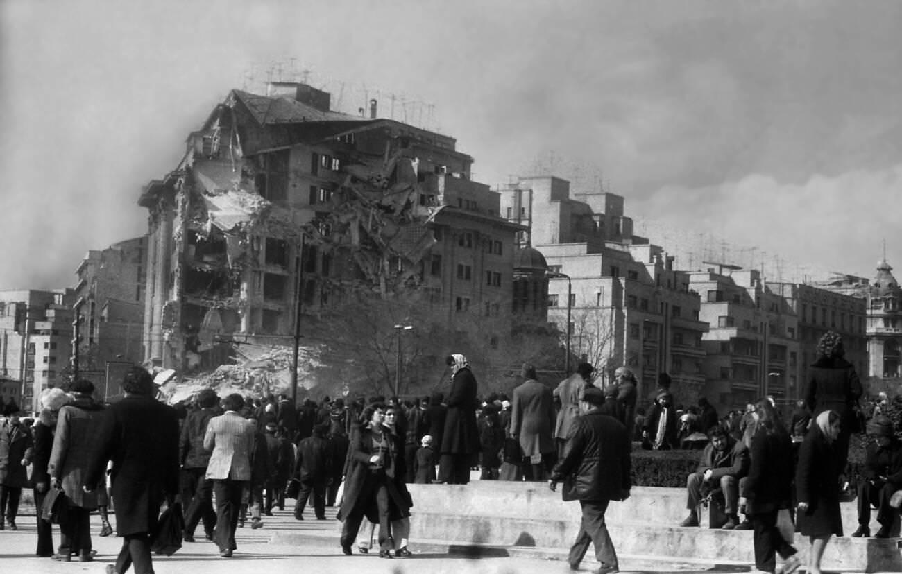 Apartment building damaged by the deadly earthquake in Bucharest, Romania, March 1977.