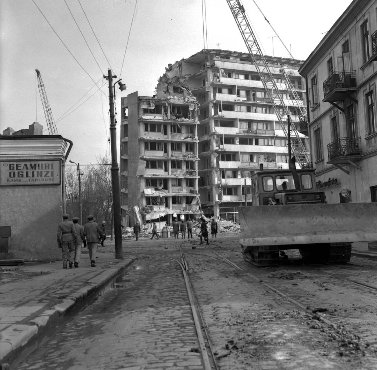 Apartment building damaged by the deadly earthquake in Bucharest, Romania, March 1977.