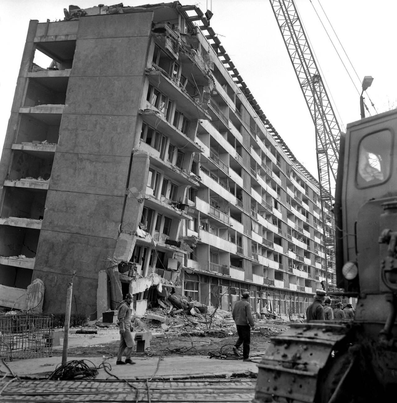 Apartment building damaged by the deadly earthquake in Bucharest, Romania, March 1977.
