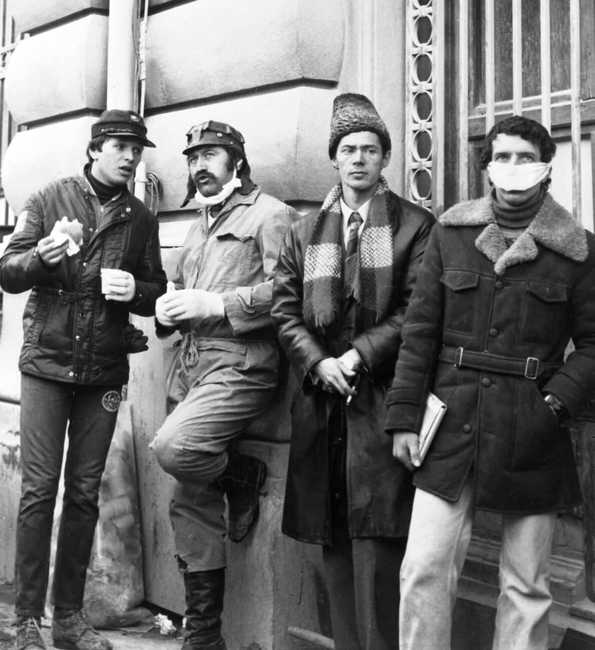 Rescuers and 'Securitate' agents after the deadly earthquake in Bucharest, March 1977.