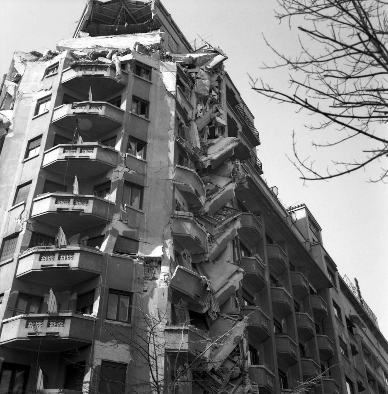 Apartment building damaged by the deadly earthquake in Bucharest, Romania, March 1977.