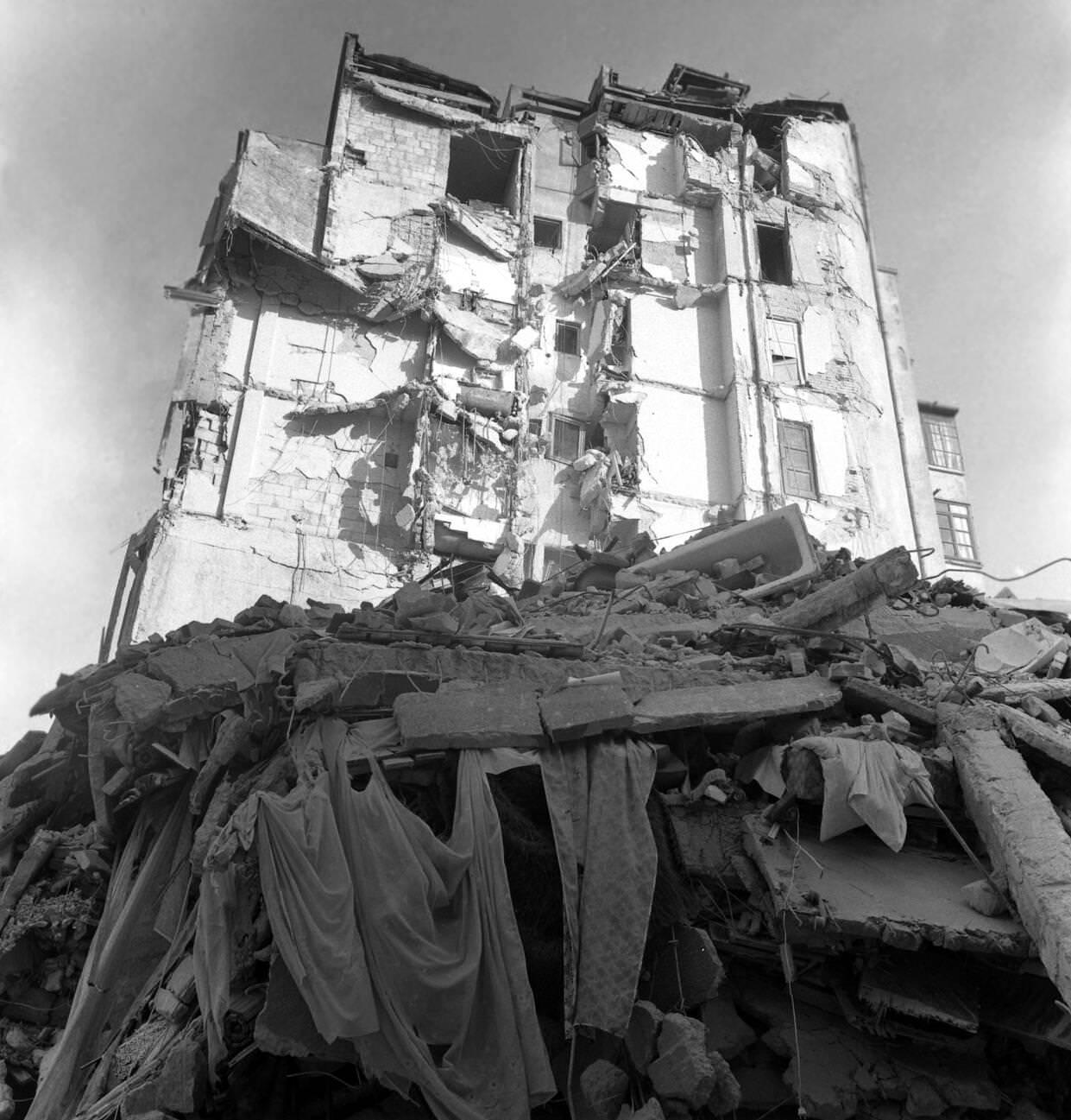 Apartment building damaged by the deadly earthquake in Bucharest, Romania, March 1977.