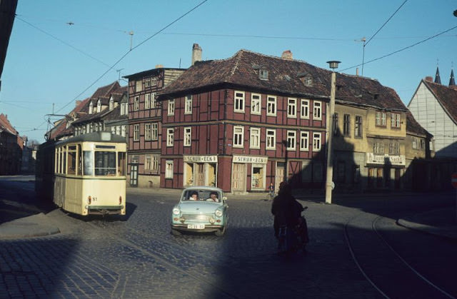Halberstadt. Trabi and tram, 1980