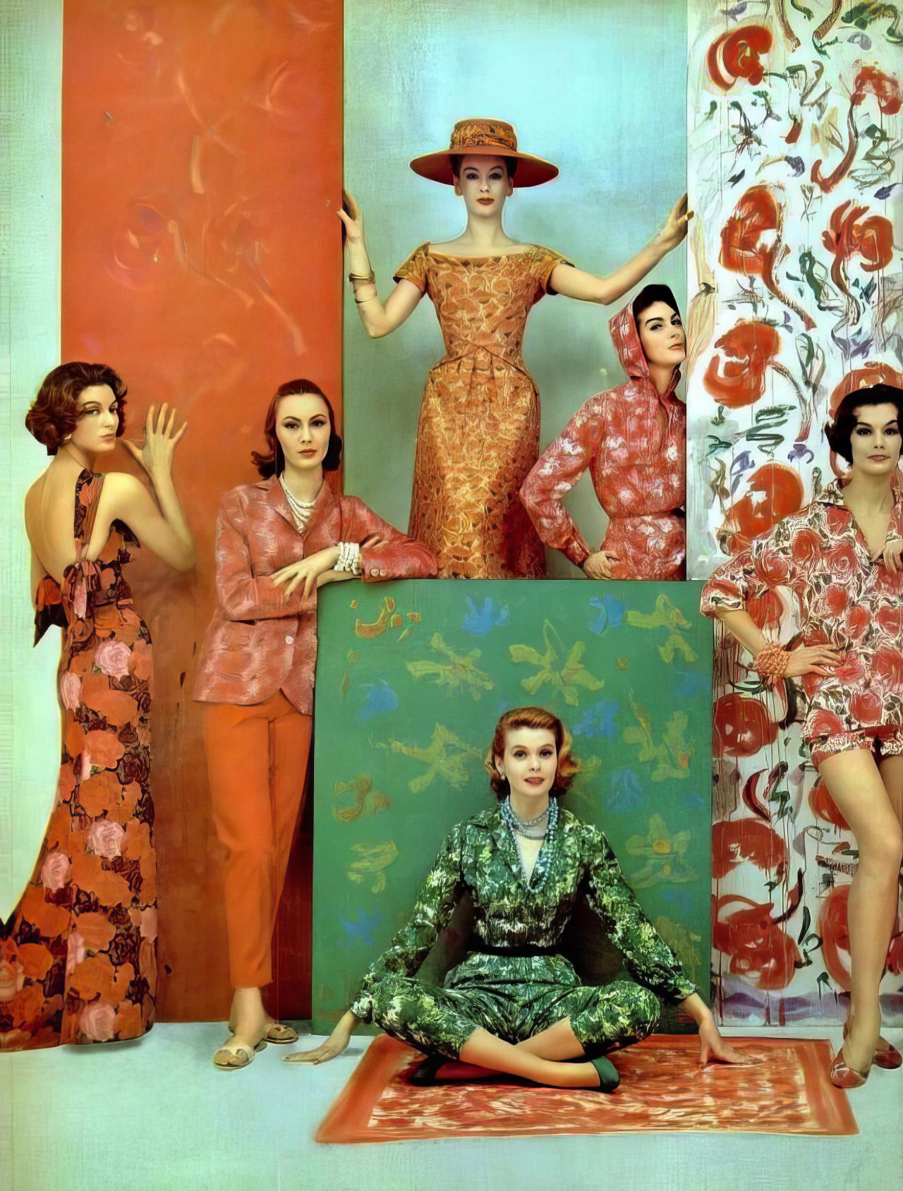 Floral print fashions, 1957.