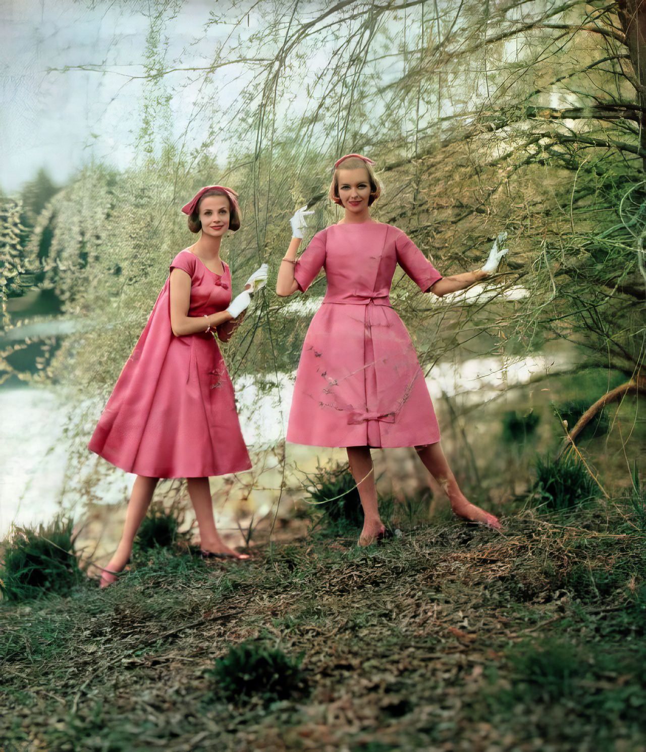 Iris Bianchi and Lois Wideman in pink satin party dresses, 1958.