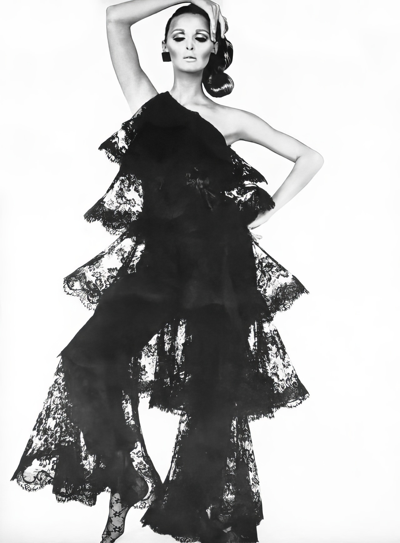 Samantha Jones in black lace pyjamas by Donald Brooks, Vogue, September 1, 1967.