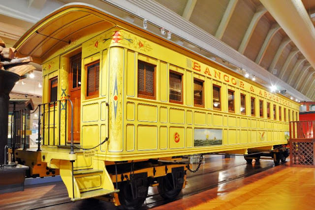 Bangor & Aroostook railroad coach no.6 replica. Coach was built in 1925-28 to replicate a Bangor and Aroostook Railroad coach from the 1855 to 1965 era. Bangor & Aroostook was a railway in the state of Maine