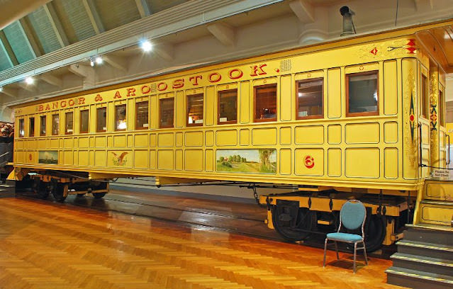 Bangor & Aroostook railroad coach no.6 replica. Coach was built in 1925-28 to replicate a Bangor and Aroostook Railroad coach from the 1855 to 1965 era. Bangor & Aroostook was a railway in the state of Maine
