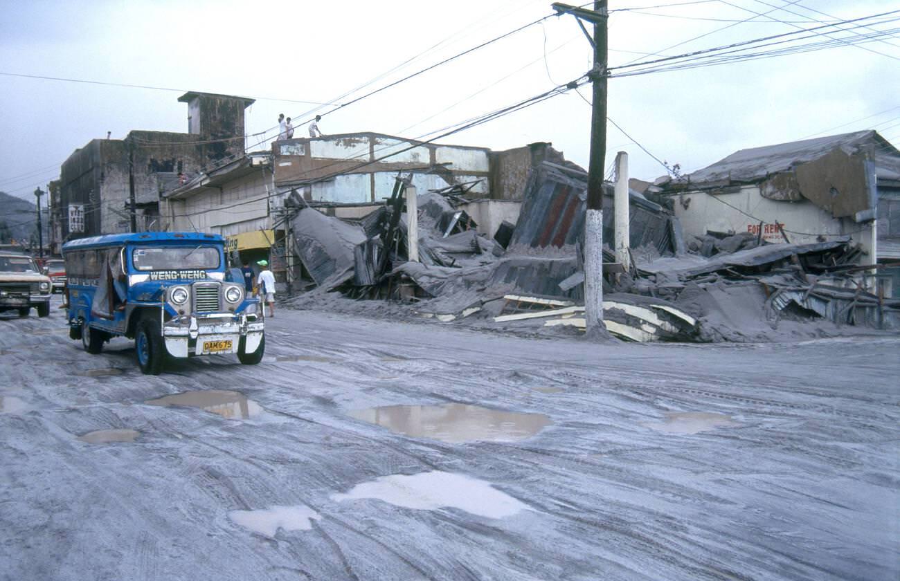 Villages in Olongapo, Philippines, covered in ash following Mount Pinatubo's volcanic eruption.
