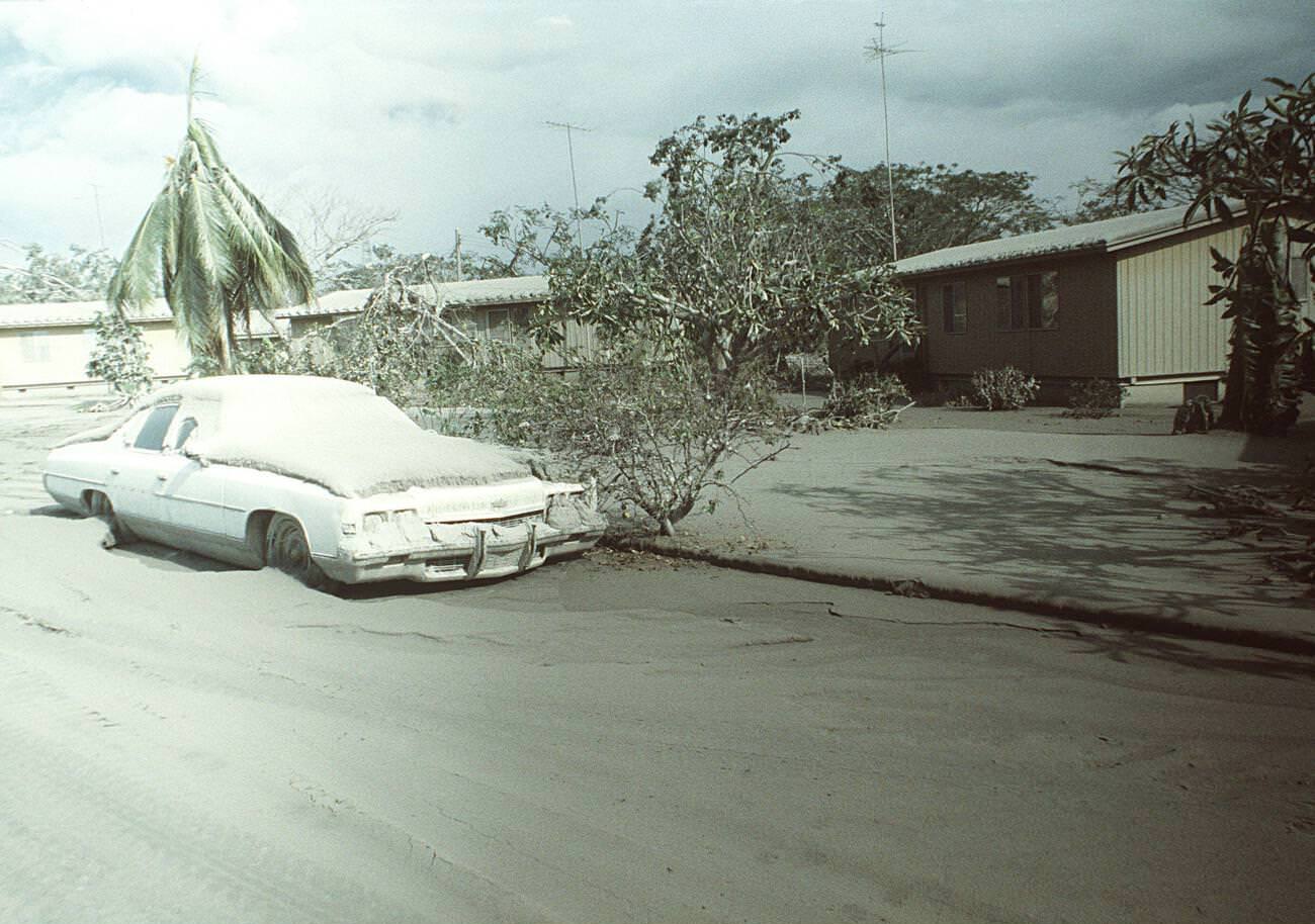 A home in Clark Air Base, Luzon, Philippines, covered in volcanic ash from Mount Pinatubo's eruption.