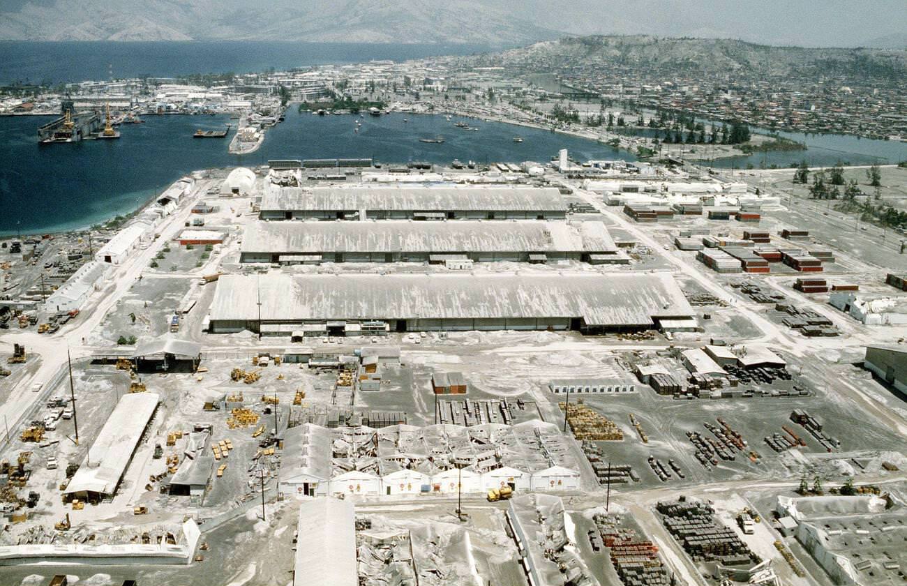 Naval Station Subic Bay, Luzon, Philippines, covered in ash after Mount Pinatubo's eruption in 1991, its first activity in over 600 years.