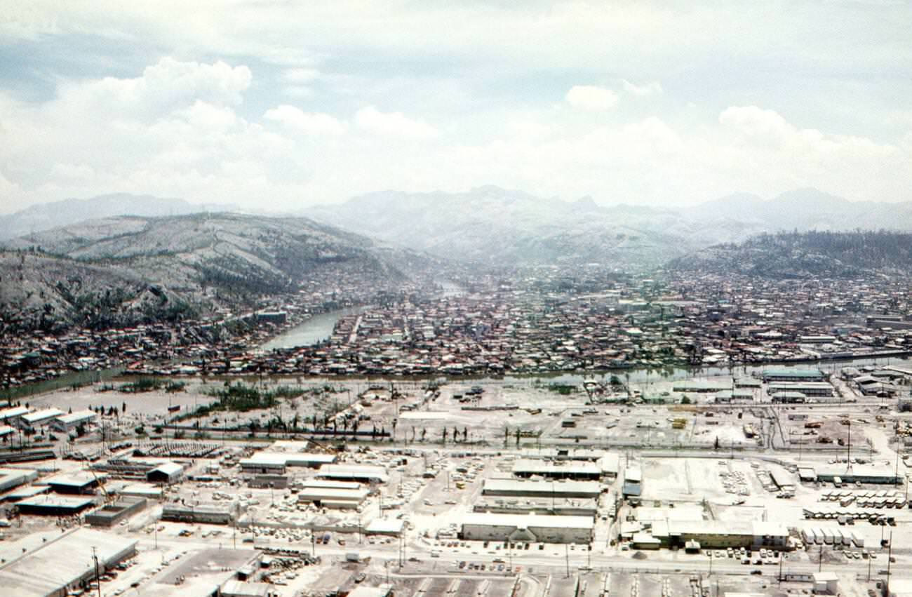 Naval Station Subic Bay, Luzon, Philippines, engulfed in ash following the 1991 eruption of Mount Pinatubo.