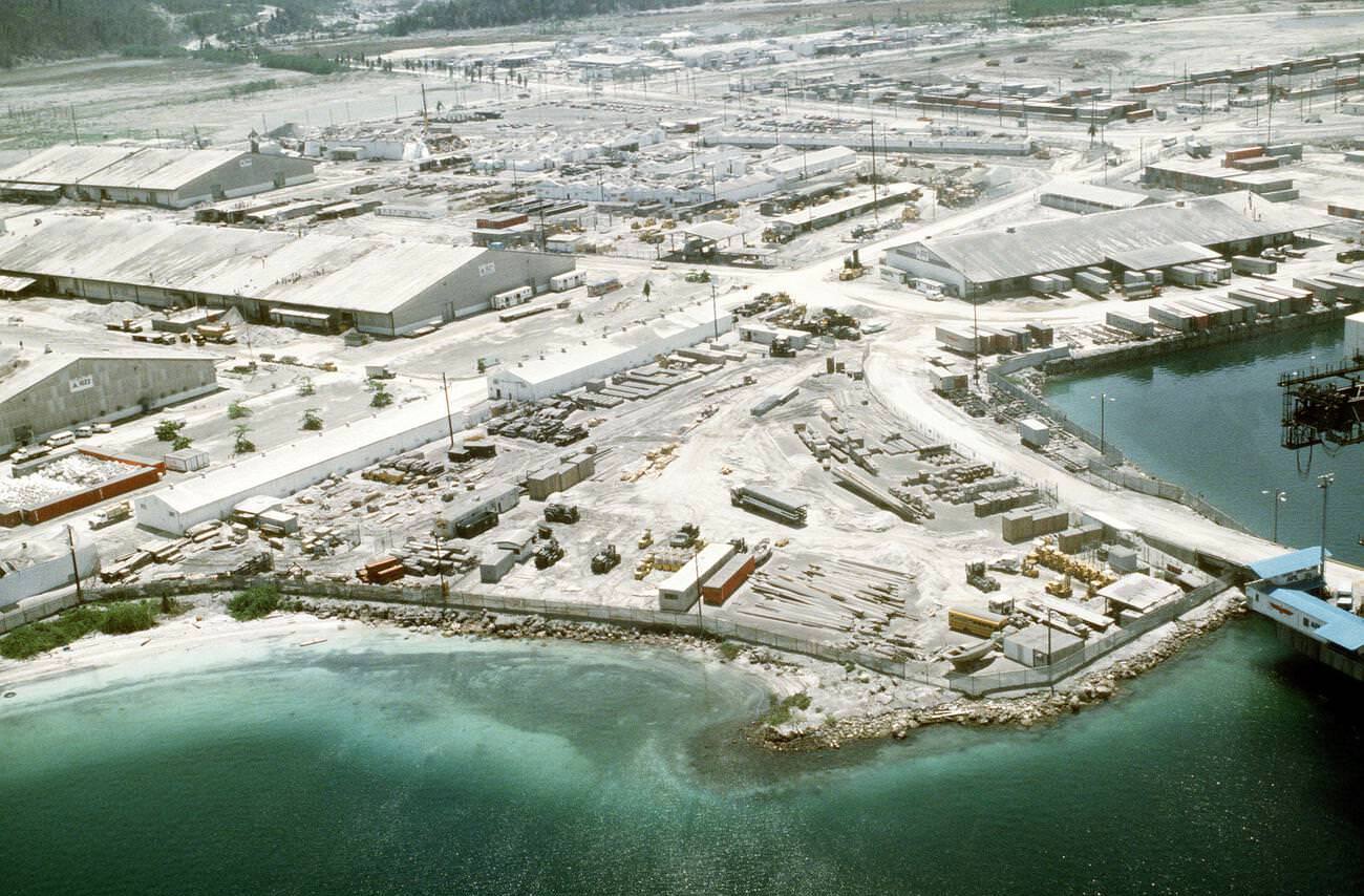 Ash covering Naval Station Subic Bay, Luzon, Philippines, after the 1991 eruption of Mount Pinatubo, marking its first activity in centuries.