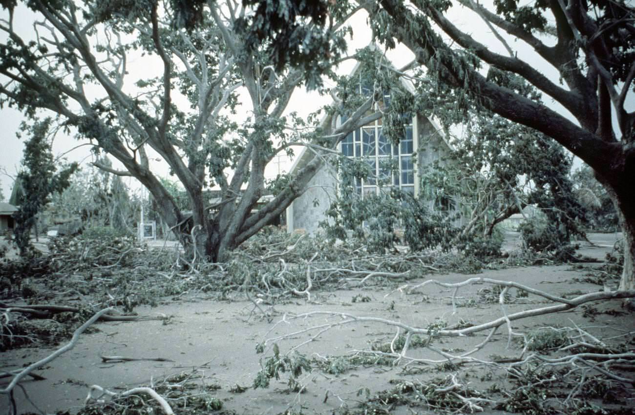 Ash covers the chapel grounds at Clark Air Base, Luzon