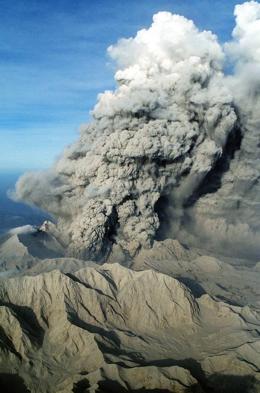 Volcanic ash billows into the sky during Mount Pinatubo's eruption in the Philippines.