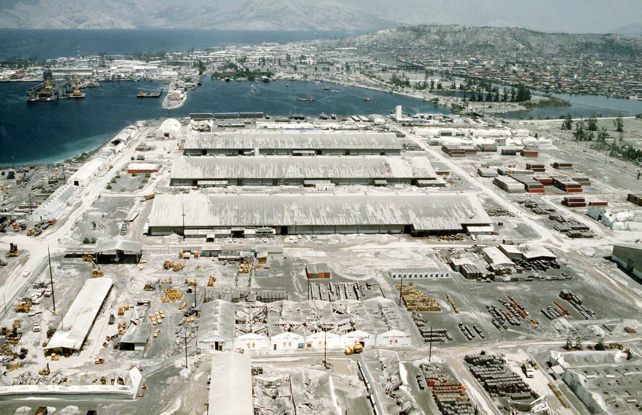 Ash covers Naval Station Subic Bay, Philippines, after Mount Pinatubo's eruption in 1991.