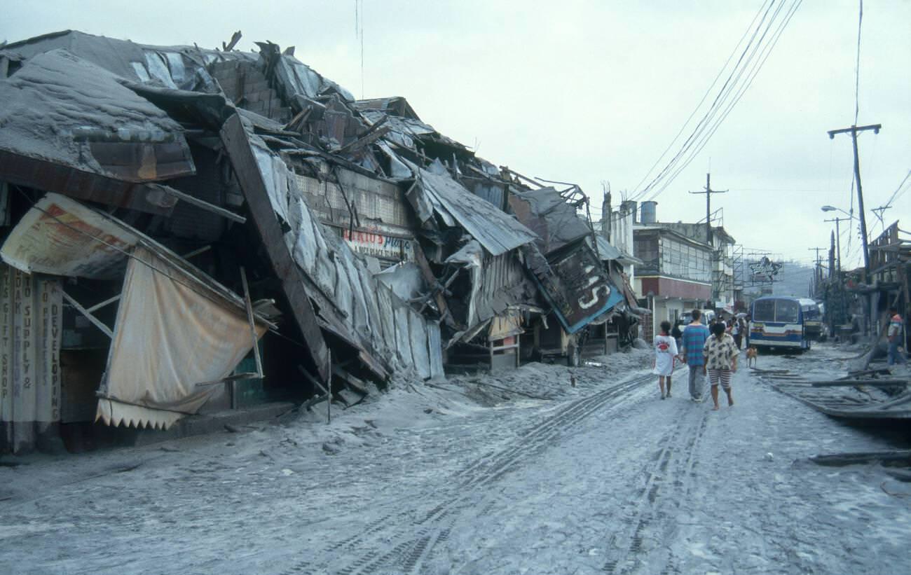Villages in Olongapo, Philippines, covered in ash after Mount Pinatubo's volcanic eruption.