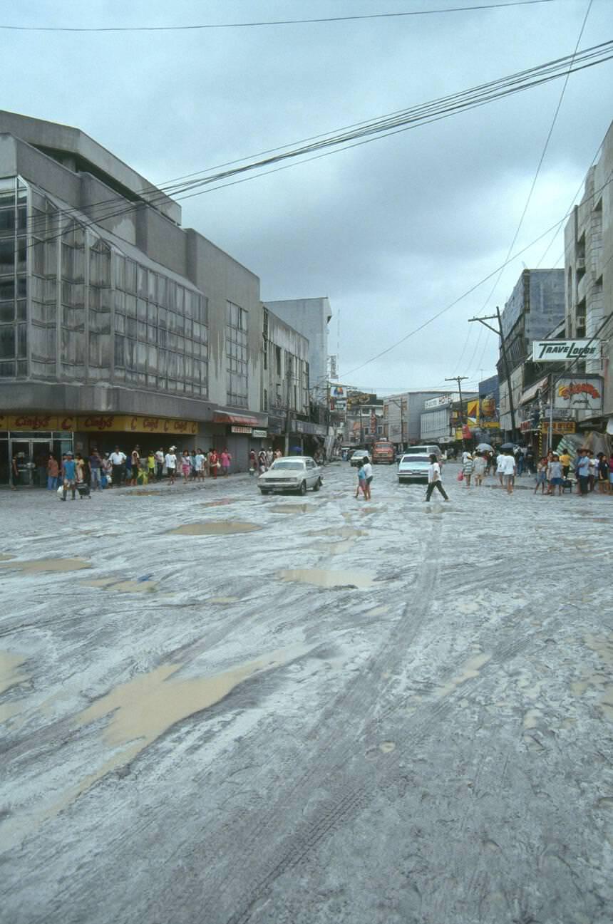 The aftermath of Mount Pinatubo's volcanic eruption in Olongapo, Philippines.