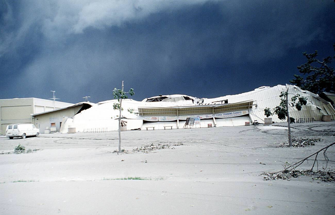 Levin Fitness Center at Clark Air Base, Luzon, Philippines, collapsed under volcanic ash from Mount Pinatubo's eruption.