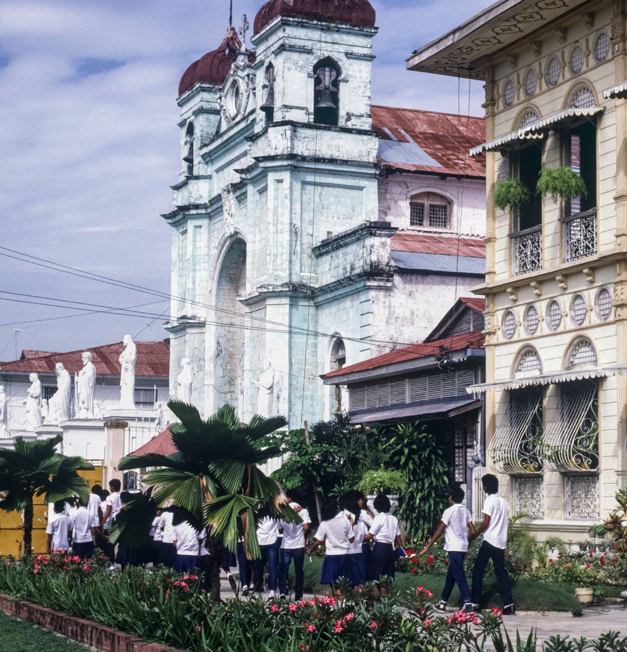 The church and a primary school in Carcar, Cebu Island, Philippines, July 1985.