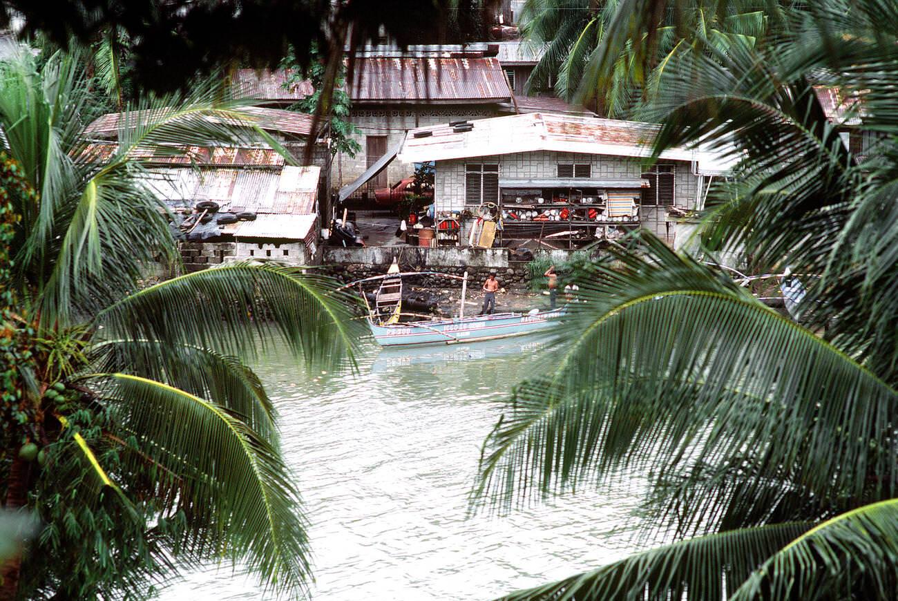 Houses on a riverbank in the Philippines, framed by palm trees, 1981.