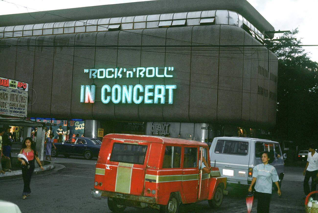 An exterior of a rock and roll concert hall, 1981.