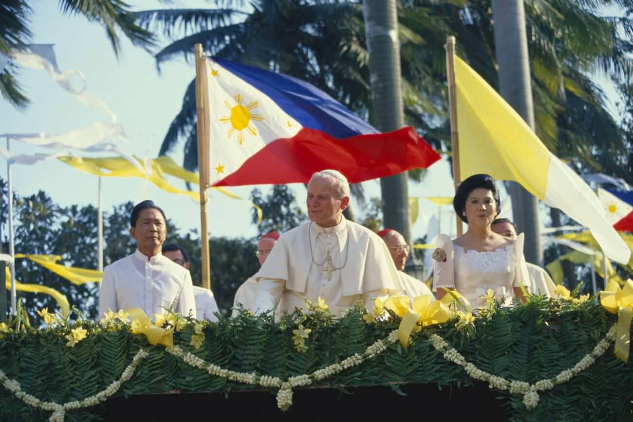 Pope John Paul II with Ferdinand and Imelda Marcos during his 1981 visit to the Philippines.