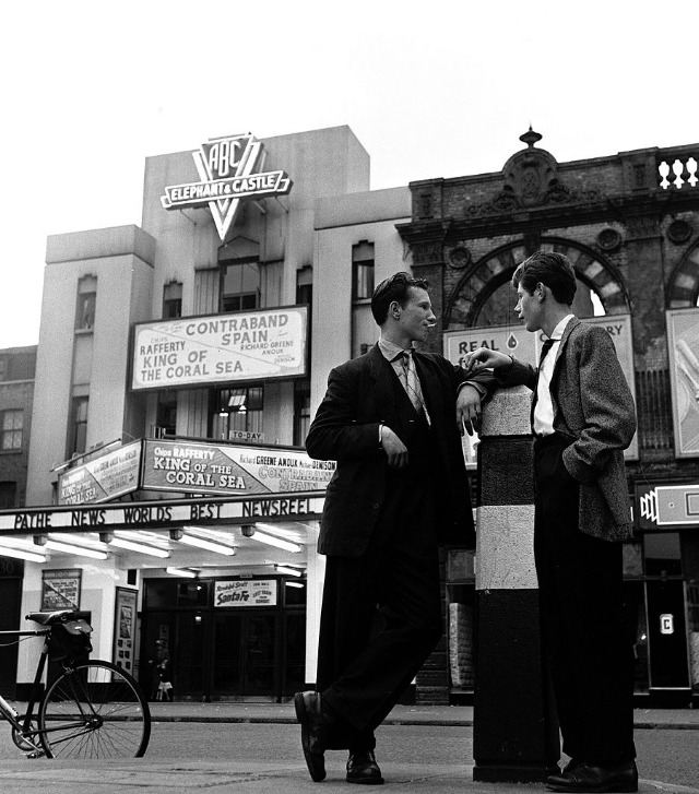 Teddy Boys hanging around on a South London street near the Elephant and Castle ABC cinema with nowhere to go, 1955.