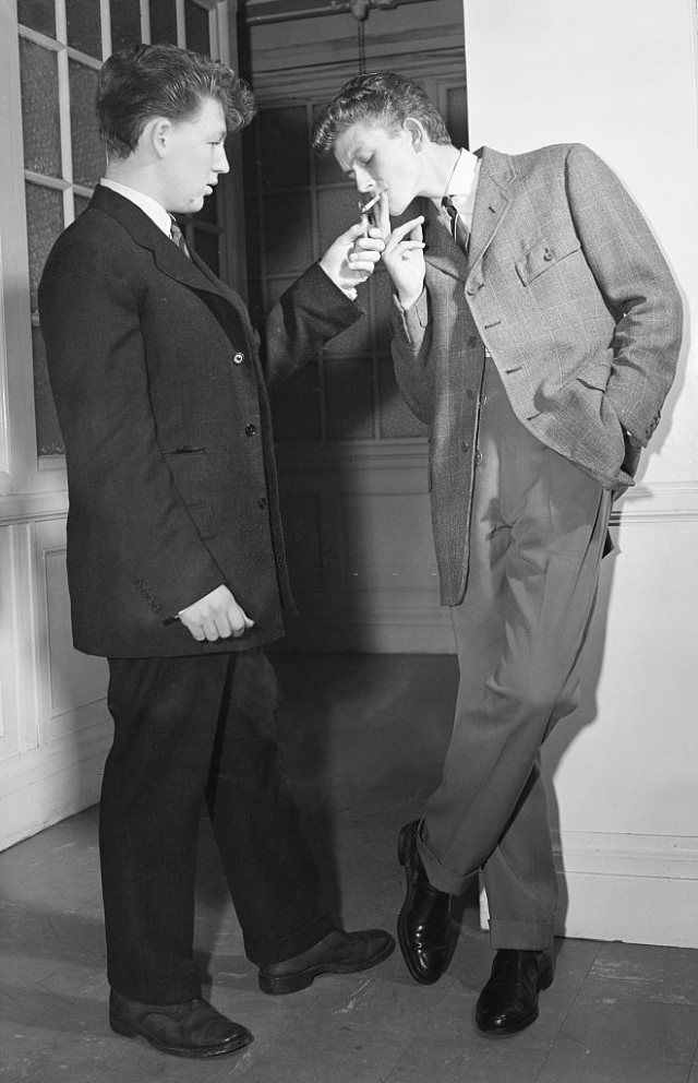 Youths modelling the latest fashion Edwardian suits, November 1955.