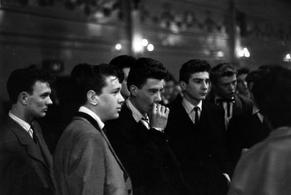 Teddy Boys at the Mecca Royal Dance Hall, Tottenham, Middlesex (North London) pictured in the Picture Post on 29th May 1954.