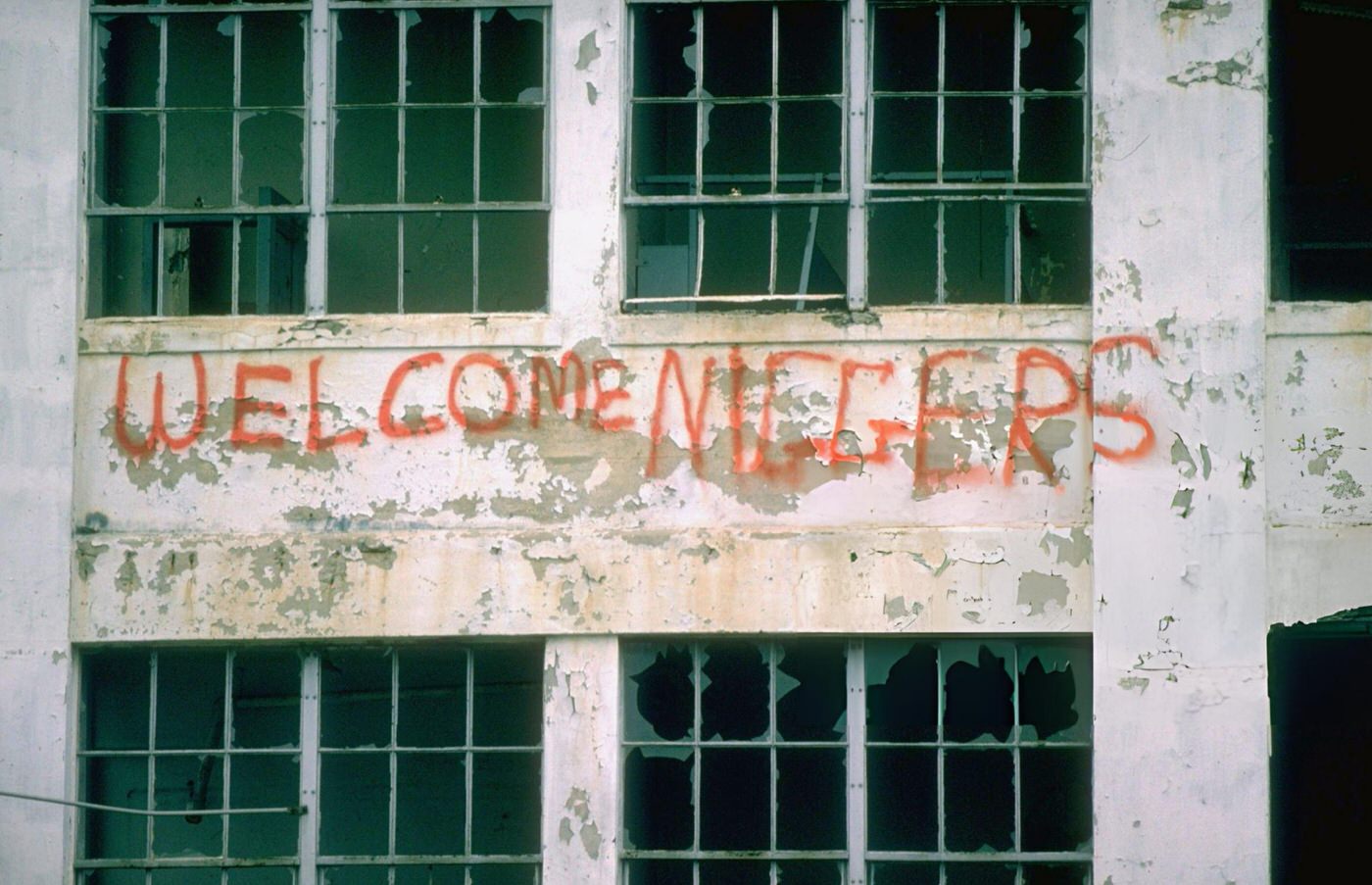 Anti-African-American writing on a South Boston building during school busing integration, 1970s.