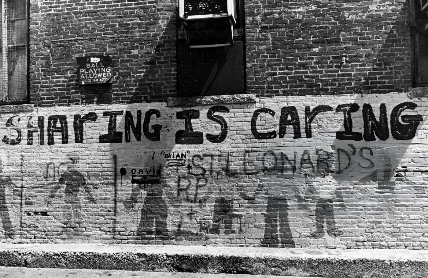 Graffiti on a wall at Polcari Playground in Boston's North End, 1976.