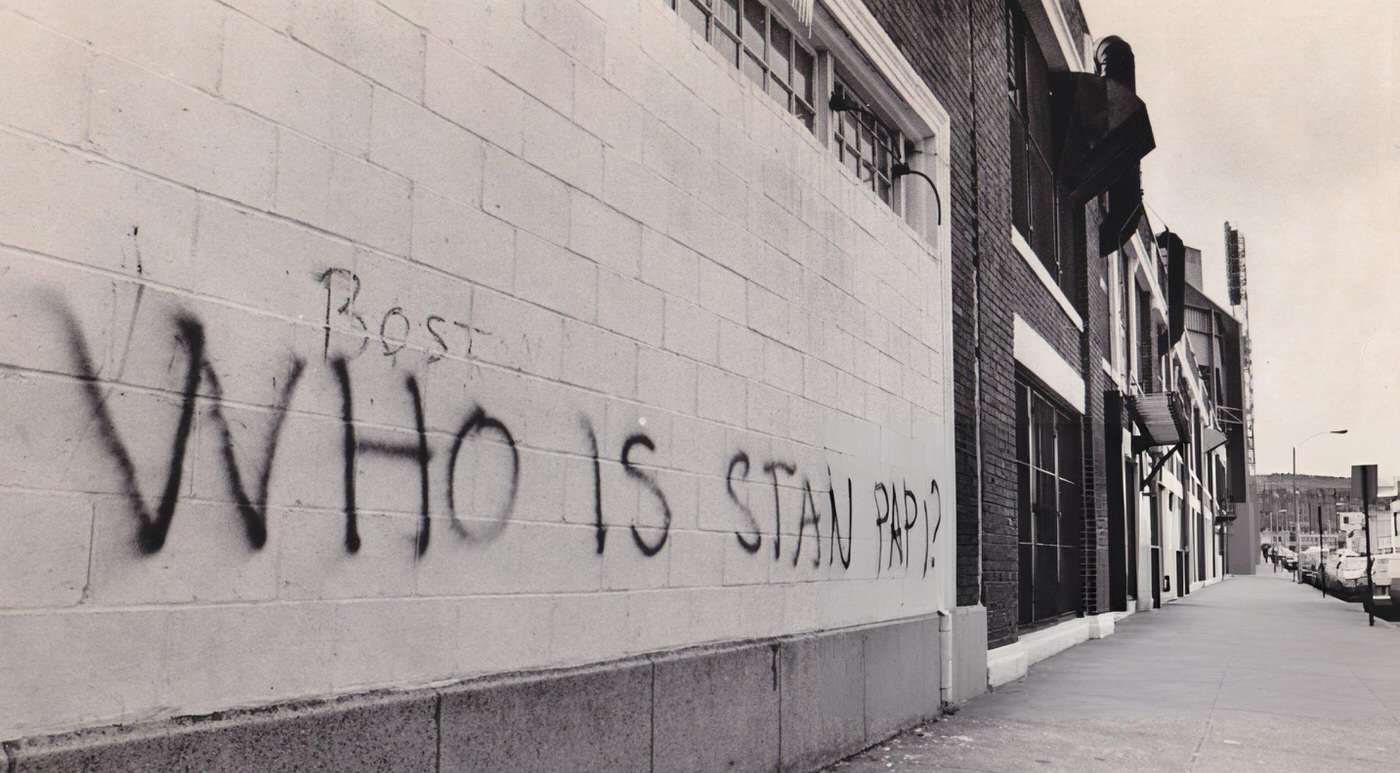 Graffiti on a building on Lansdowne Street in Boston, 1970s.
