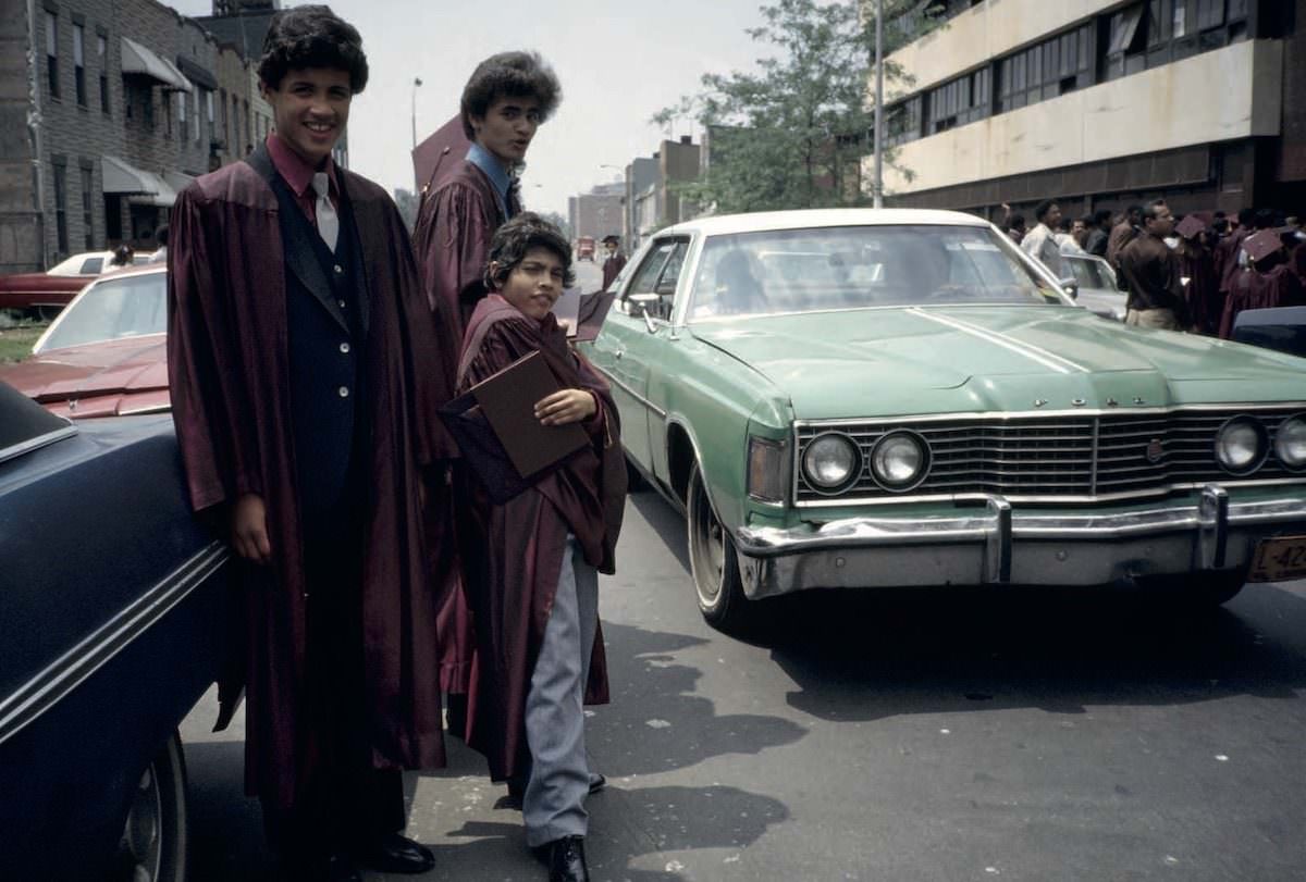 Three IS 291 Grads Pose Near Cars Palmetto St., Bushwick, Brooklyn, 1982