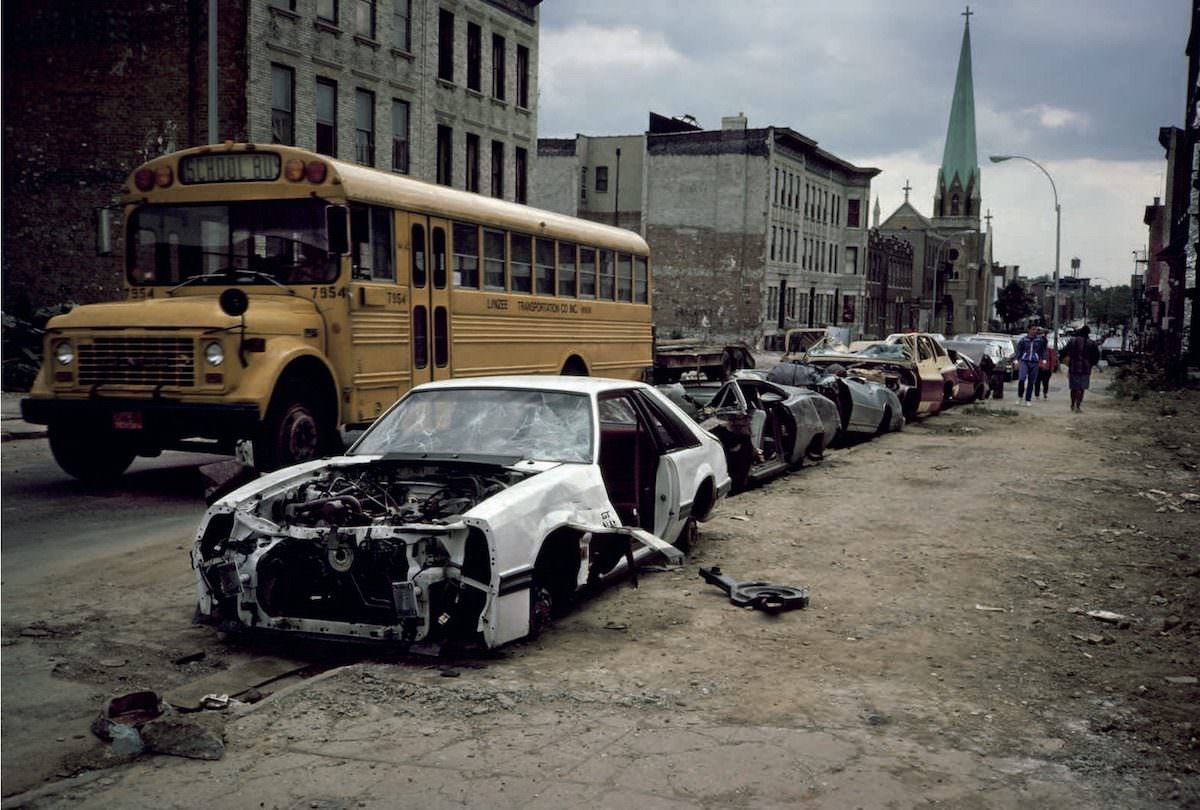 School Bus and Curbside Crushed Cars Palmetto St., Bushwick, Brooklyn, 1985