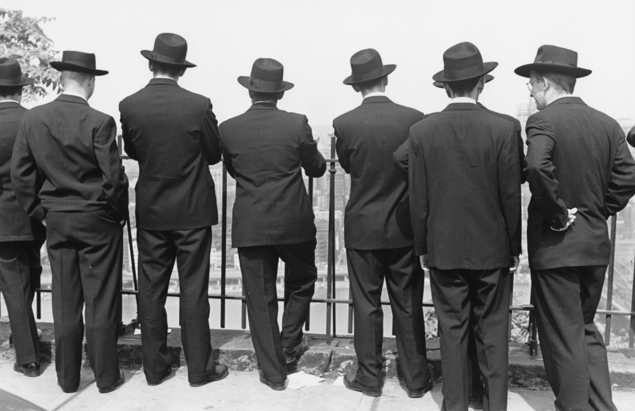 Student priests view city from top of Monongahela Incline. Pittsburgh, Pennsylvania, 1951